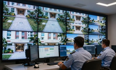 A sophisticated residential security control room in Brazil. Multiple screens show high-definition camera feeds of a luxury condominium entrance. A professional staff member in a neat uniform is monitoring the station. The lighting is focused and technical, with dark navy and light blue tones.