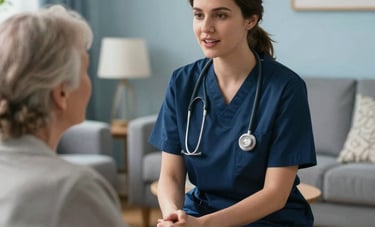 A medium shot of a professional registered nurse in a navy blue uniform speaking compassionately with an elderly resident in a well-lit UK care home lounge. The atmosphere is warm and trustworthy. Muted blue and slate tones are visible in the background decor.