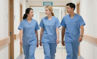 A professional, high-resolution photo of a clean, modern NHS hospital corridor in the UK. Healthcare professionals in light blue scrubs walk with focus. The lighting is bright and even, highlighting a sterile and organized environment.