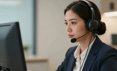 Close-up portrait of a professional customer service representative in a South American corporate setting. They are focused on a sleek monitor, wearing a high-quality headset. The lighting is professional and warm, with a blurred background of a clean, modern office in steel blue and off-white colors.
