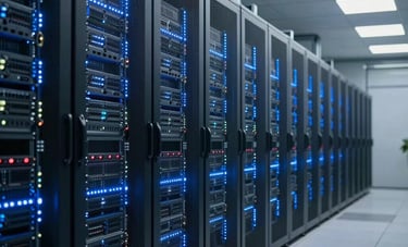 Professional photography of a high-tech data center hallway with rows of server racks glowing with soft blue lights, signifying security and managed IT services. Global / International facility.