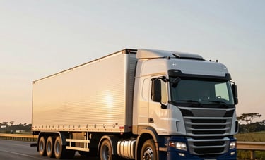A large semi-trailer truck with a polished white and dark blue cabin traveling on a major highway bridge in Brazil at sunset. The lighting is golden and warm, highlighting the metallic surfaces. Commercial photography style, wide angle.