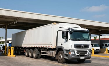 A logistics scene at a South American international border crossing. A modern heavy-duty truck is parked near a customs building. Professional, reliable atmosphere with clear blue sky and organized cargo area.