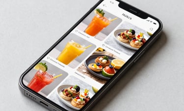 A smartphone resting on a clean light gray surface, displaying a vibrant and professional food photography feed. The screen shows high-quality images of fresh juices and artisan halal appetizers. Minimalist aesthetic, natural side-lighting.