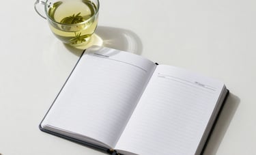 A top-down view of a professional workspace featuring a clean white desk, a premium green tea in a glass cup, and a sleek planner. Minimalist and organized, representing strategy and planning. Clean shadows.