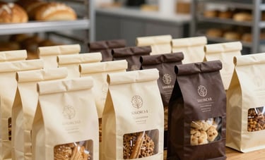 A professional and clean shot of packaged artisanal bakery products ready for distribution. The scene is set in a bright, modern South American facility. The packaging uses beige cream and dark brown colors, arranged neatly on a wooden table.
