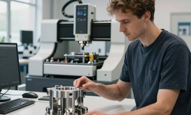 A modern European engineering office and workshop where a specialist is reviewing a metallic 3D prototype. The room is bright, clean, and filled with high-end CNC equipment in the background. Professional lighting highlighting the metallic sheen and the precision of the prototype.