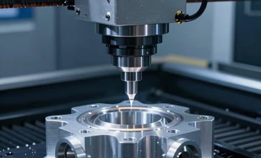 A high-performance 5-axis CNC milling machine head working on a complex aluminum aerospace component. Dark blue-grey environment with bright highlights on the metal. European engineering excellence style, showing precision movements and modern manufacturing technology.