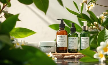 moringa spa products surrounded by greenery