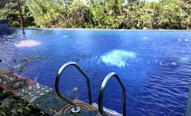 Kolam renang over flow di halaman depan rumah.