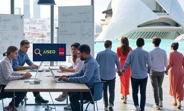 A split-scene image promoting bilingual SEO services for UK expats starting businesses in Spain. 