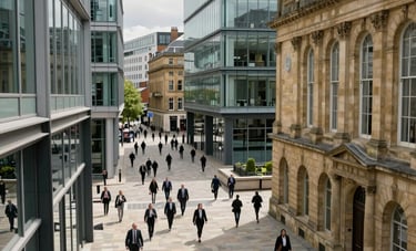 A high-angle view of a bustling commercial district in a UK city like Bristol. Modern steel and glass office buildings contrast with historical stone structures. People in professional business attire walk through a clean, landscaped plaza. The lighting is crisp and natural, highlighting a sophisticated corporate atmosphere.