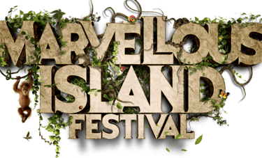 Marvellous Island Festival logo with stone text, jungle vines, and an orangutan on a black background.