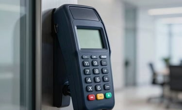 A professional macro photograph of a sleek, dark navy biometric card reader mounted on a brushed steel door frame. The background is a blurred, high-end minimalist office corridor in an International / Global setting, lit with soft cool white light to emphasize modern technology.