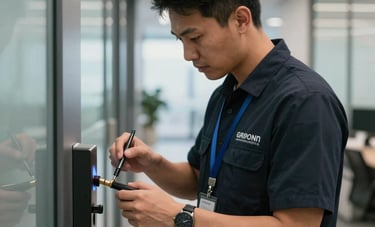 A medium-shot photograph of a professional technician in a clean, branded dark navy uniform inspecting an electronic door mechanism with specialized tools. The scene is a polished, modern corporate office hallway in an International / Global business district, during daytime hours.