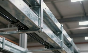 A perspective shot of heavy-duty galvanized steel cable tray systems installed along a warehouse ceiling. The trays are neatly holding thick industrial cables, conveying strength and organization in a modern North American / Industrial facility.