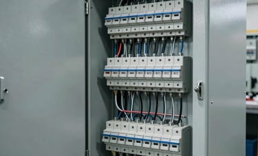 A detailed photograph of a large, industrial electrical control panel with its door open, revealing complex, neatly organized wiring, breakers, and technical components. Industrial North American / Industrial setting with sharp technical lighting and steel gray finishes.