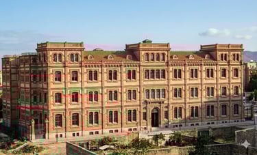 Historic brick architecture of the Henrich & CIA factory building in Barcelona