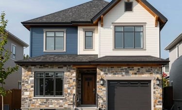 A sharp, high-end photography shot of a modern Canadian suburban house exterior. The architecture is sophisticated with natural stone and wood. Bright daylight, clear sky, professional composition. Colors include slate blue and off-white.