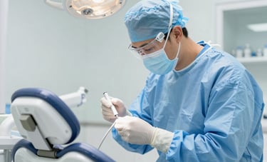 A professional North American / US healthcare facility interior shot where a specialist in protective medical attire is sanitizing a dental examination chair. The scene is bright and clinical, using a color palette of white and light blue to emphasize sanitation and high safety standards in a modern medical office.