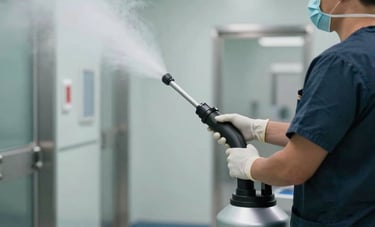 A detailed action photograph of a disinfection process in a North American / US surgical facility. A professional uses a high-grade sanitizing fogging machine in a sterile corridor. The lighting is crisp, and the composition focuses on the medical-grade equipment and the thoroughness of the cleaning procedure.