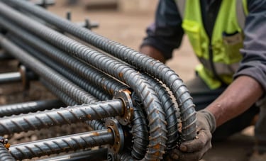 A macro photograph of steel rods being precisely bent and fitted for a foundation. A South Asian worker is visible in professional safety gear. Lighting is sharp and industrial.