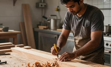 A composite shot of professional carpentry work with wood shavings and a clean industrial kitchen setting in a South Asian context. Warm lighting highlighting craftsmanship.