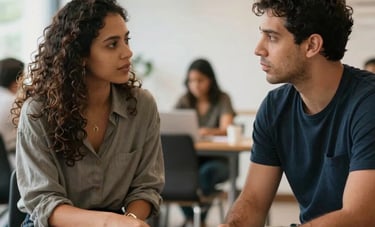 A one-on-one professional mentorship session in a bright, modern Brazilian co-working space, two individuals in discussion, empathetic and forward-thinking atmosphere.