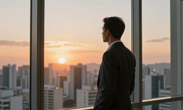 A confident professional looking at a sunset city skyline through a large window in a high-rise office in São Paulo, symbolizing career success and new future opportunities.