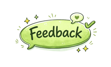 Grüne Aquarell-Sprechblase mit dem Schriftzug ‚Feedback‘ und funkelnden Akzenten für Kundenbewertung