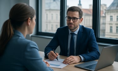 A professional business consultation taking place in a bright office in a Central European / Slovak city. A financial advisor is discussing strategy with a client, exuding confidence and reliability. The scene uses navy blue and soft blue tones.