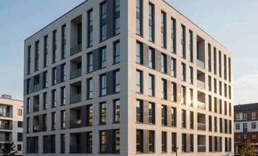 A clean, modern architectural view of a contemporary Central European residential building or research facility, symbolizing stability and growth. The style is professional and elegant, captured in soft daylight with steel blue and golden tan highlights.