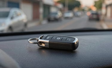 Photography of a modern car key fob resting on a dark leather dashboard of a vehicle parked on a South American / Brazilian street. Soft afternoon sunlight, shallow depth of field with suburban Guarulhos buildings blurred in the background.
