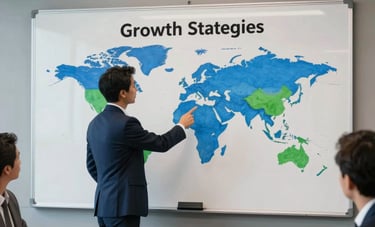 A sophisticated meeting room in a New York skyscraper, a professional marketing strategist pointing at a clean whiteboard showing global growth strategies, royal blue and green accents, North American / European / Middle Eastern context.