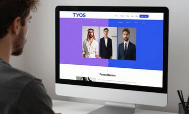 A minimalist creative studio in London with a designer working on a high-end workstation, displaying a sleek lilac and royal blue website interface, soft professional lighting, North American / European / Middle Eastern aesthetic.