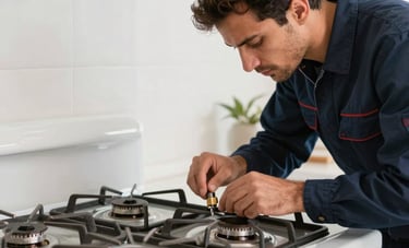 A professional technician repairing a modern gas stove in a Middle Eastern apartment. The lighting is bright, highlighting the organized tools and the technician's expert handling of the appliance. Navy blue and charcoal color scheme.