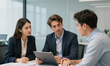 A professional business meeting in a bright, modern office in Bratislava, Central Europe. Three business partners in smart casual attire are discussing a project over a tablet. The room features glass walls and a blue-grey color scheme, reflecting deep expertise and a reliable atmosphere.