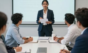 A professional South Asian workshop facilitator leading a corporate training session in a high-tech conference room. Participants are engaged, holding notebooks. Professional, globally-minded atmosphere with clean slate blue and white colors.