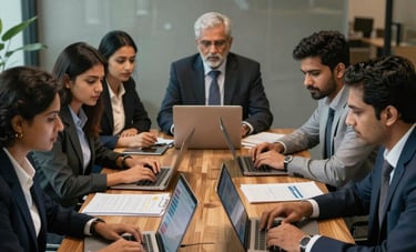 A group of South Asian corporate professionals collaborating around a large wooden table in a sophisticated Bangalore office. They are looking at laptop screens and documents, emphasizing strategic HR consulting and teamwork. Soft lighting, slate and navy tones.