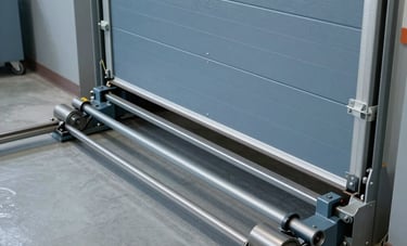 A high-angle photo showing a technician lubricating the metal tracks and rollers of a large commercial garage door. Clean, modern North American industrial setting, slate blue and soft grey tones.