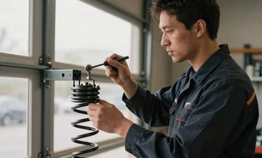 A professional technician in a dark navy uniform repairing a heavy-duty garage door spring in a North American workshop. Dramatic side lighting, sharp focus on the tools and hardware, conveying reliability.