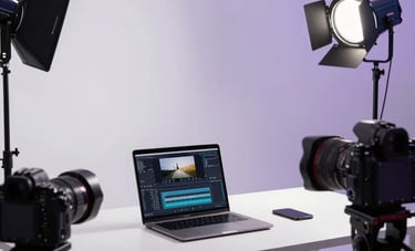 A high-end creative studio setup with professional lighting and cameras. A minimalist desk with a sleek laptop showing video editing software. Clean white and light purple atmosphere, Global / International style.