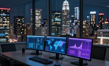 A dark, sophisticated office boardroom overlooking a modern global city skyline at night. Professional environment, glowing monitors with data charts in dark blue and purple. Minimalist, premium, Global / International.