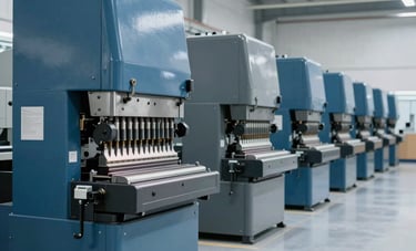 A wide-angle, low-saturation photograph of a row of heavy-duty industrial stamping presses in a bright, clean, modern factory. The floor is light grey and the machines are steel blue and dark grey. Global industrial atmosphere, clear and sophisticated.