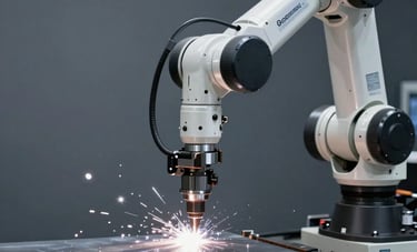 A detailed industrial photograph of a robotic arm performing high-precision laser cutting on a sheet of stainless steel. Intense points of white light against a dark grey background. Professional, high-end engineering style for an international English-speaking audience.