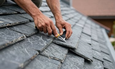 Detail of a master roofer's hands installing high-quality natural slate shingles on a steep roof. Western European architectural context, professional tools visible, sharp focus.