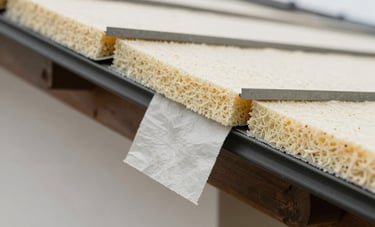 Close-up of modern insulation material being installed under a roof structure in a Western European house. Clean, professional craftsmanship, soft natural lighting.