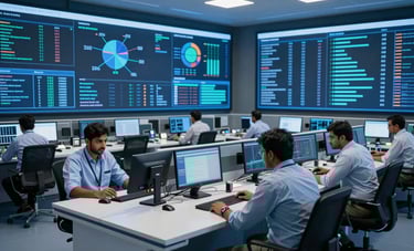 A high-tech control room in a South Asian / Indian city with large digital screens showing data analytics. A diverse group of South Asian / Indian technicians work collaboratively at sleek white desks with deep blue lighting.