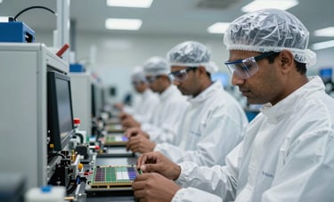 South Asian / Indian engineers in a modern semiconductor manufacturing plant, wearing white cleanroom suits, examining silicon wafers under soft blue and bright white artificial lighting in a pristine facility.
