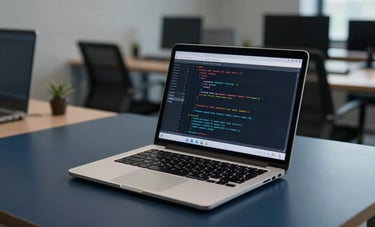 Clean, professional photography of a developer's workstation in a North American office. A sleek laptop on a dark slate-blue desk shows lines of clean code, while the room is filled with soft, sophisticated lighting and a sense of focused productivity.
